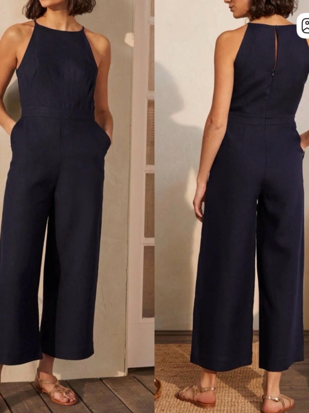 NWT Boden Navy Linen Halterneck Wide Leg Cropped Jumpsuit